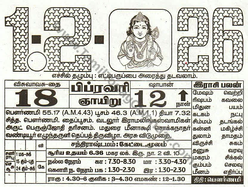 01 February 2026 Tamil Calendar Sheet with Panchangam and Daily Timings