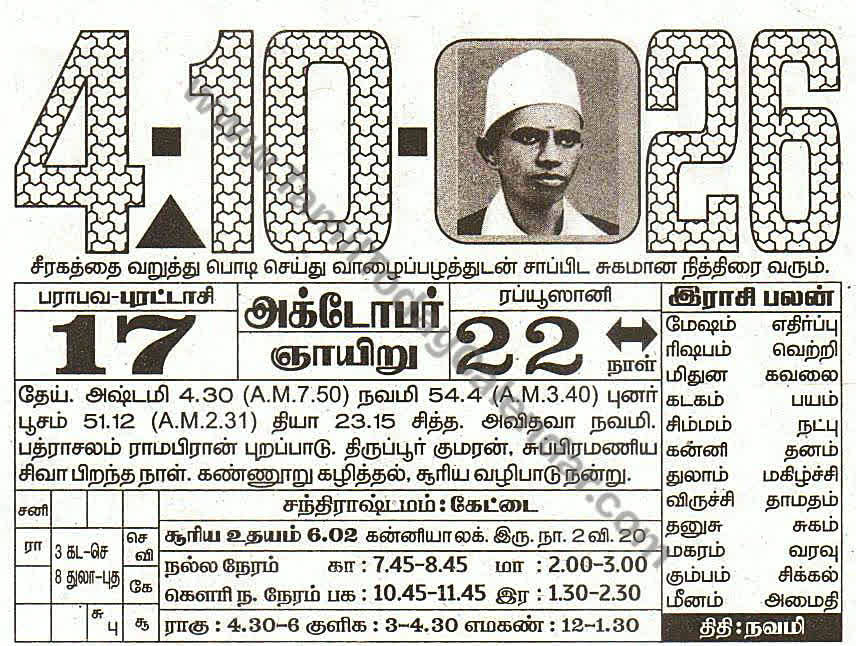 04 October 2026 Tamil Calendar Sheet with Panchangam and Daily Timings