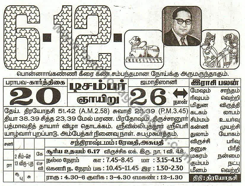 Tamil Calendar 6 December 2026 - Panchangam, Nalla Neram and Daily Calendar Sheet