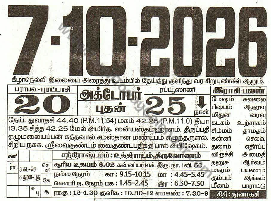 07 October 2026 Tamil Calendar Sheet with Panchangam and Daily Timings