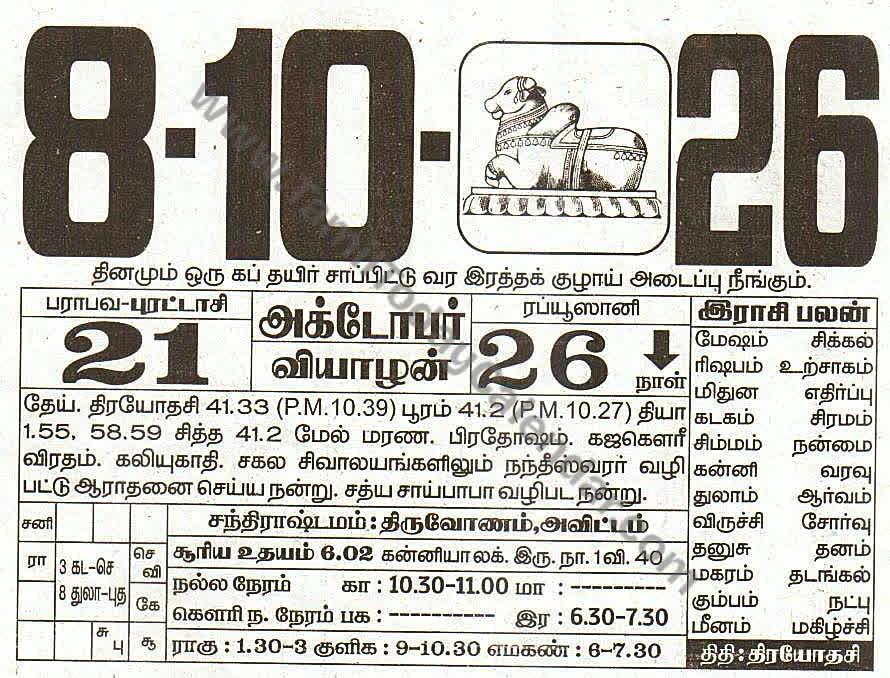 08 October 2026 Tamil Calendar Sheet with Panchangam and Daily Timings