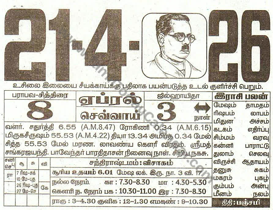 21 April 2026 Tamil Calendar Sheet with Panchangam and Daily Timings