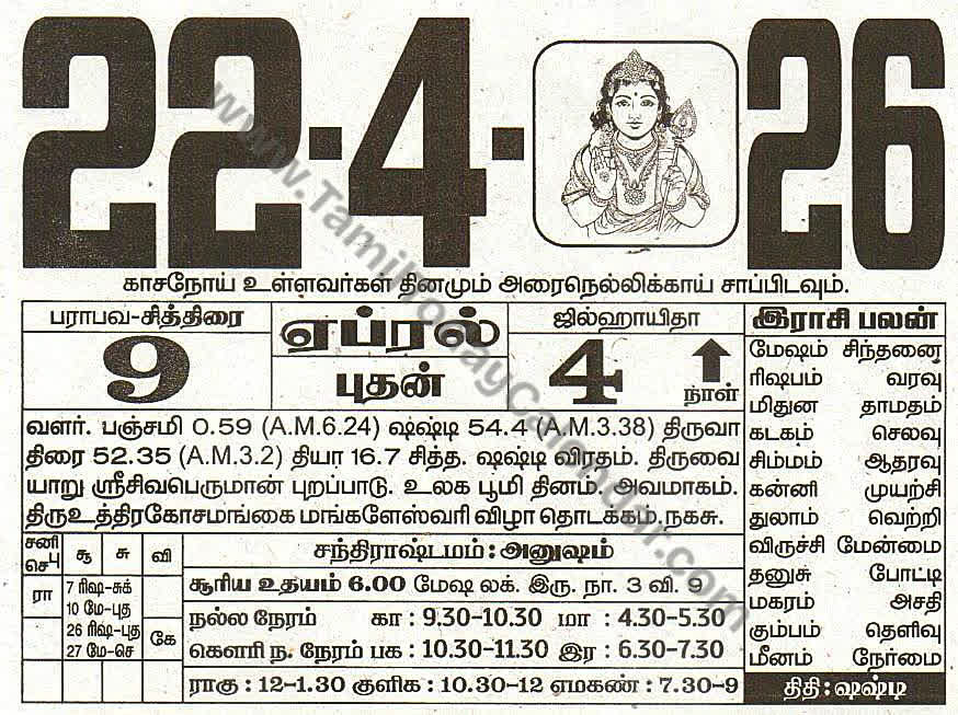 22 April 2026 Tamil Calendar Sheet with Panchangam and Daily Timings