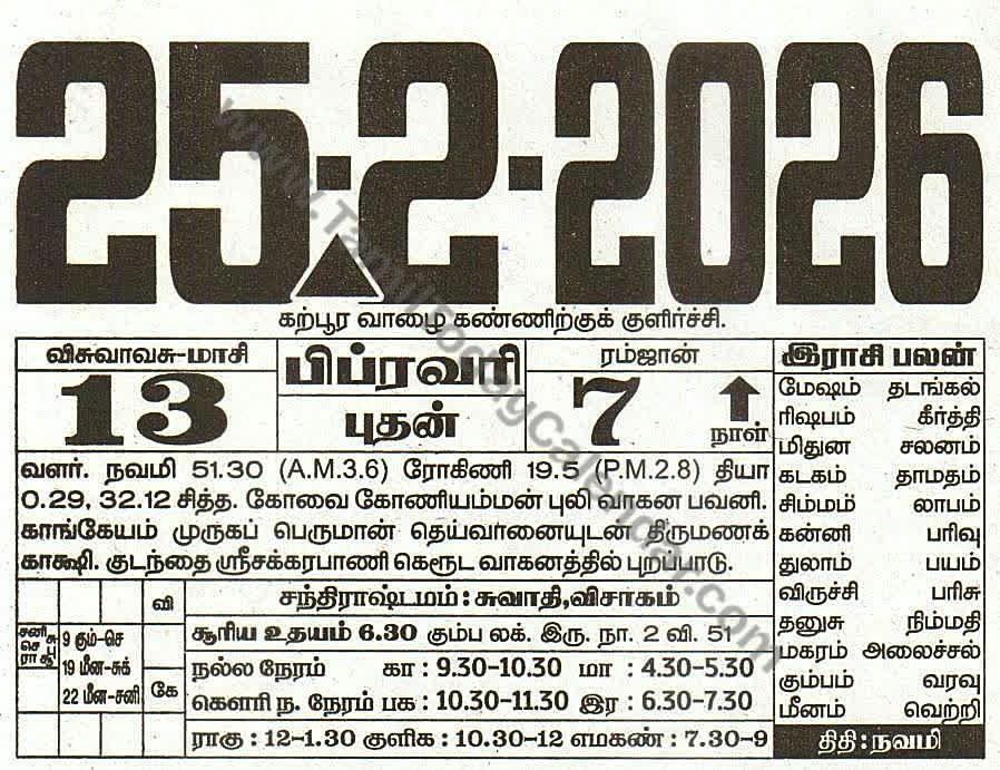25 February 2026 Tamil Calendar Sheet with Panchangam and Daily Timings